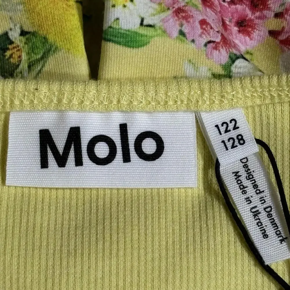 Molo Dress Girls 7-8 Yellow Floral Print Short Sleeve Organic Cotton Fit Flare